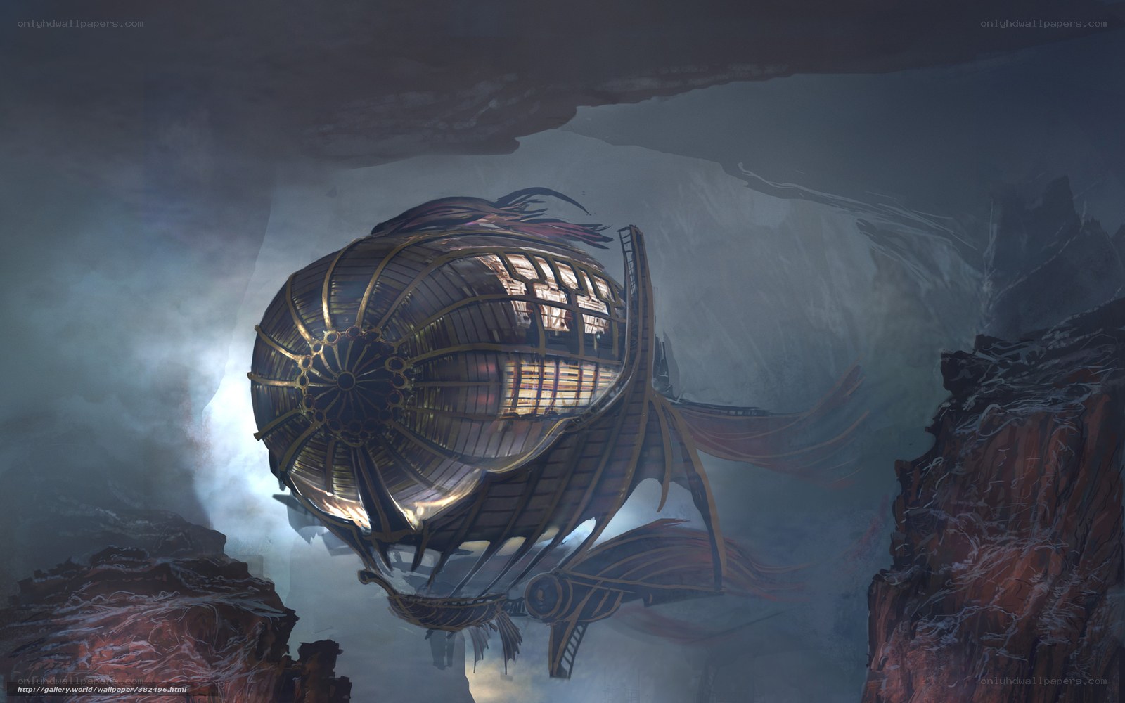 Steampunk airship in cavern