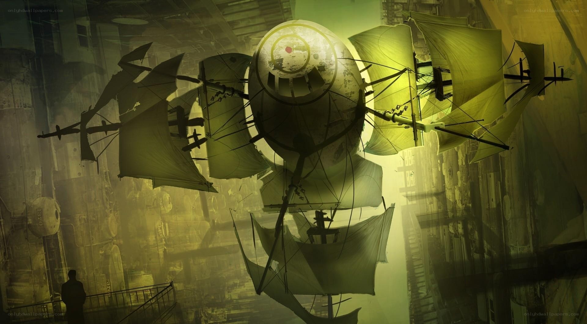 steampunk airship in city