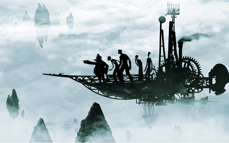 steampunk airship in clouds