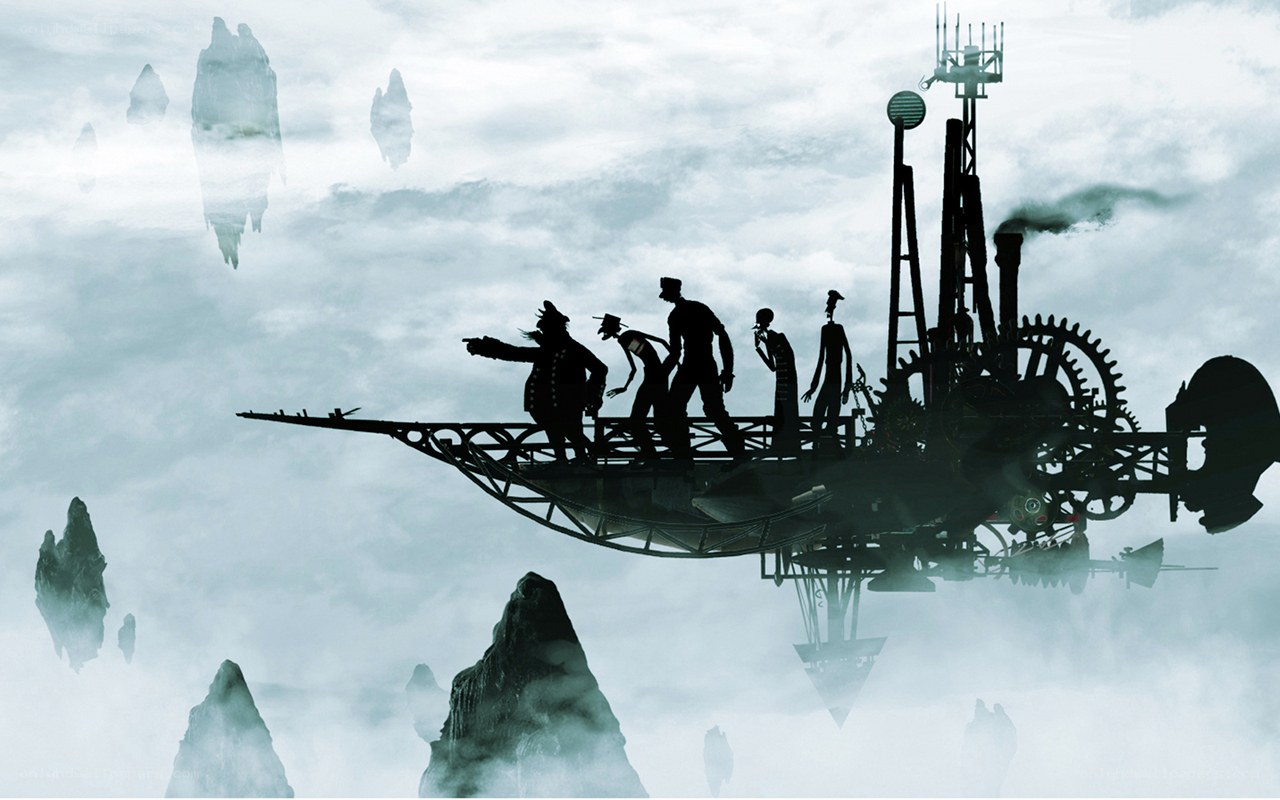 steampunk airship in clouds