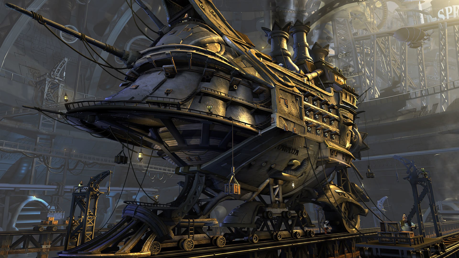 steampunk airship in factory