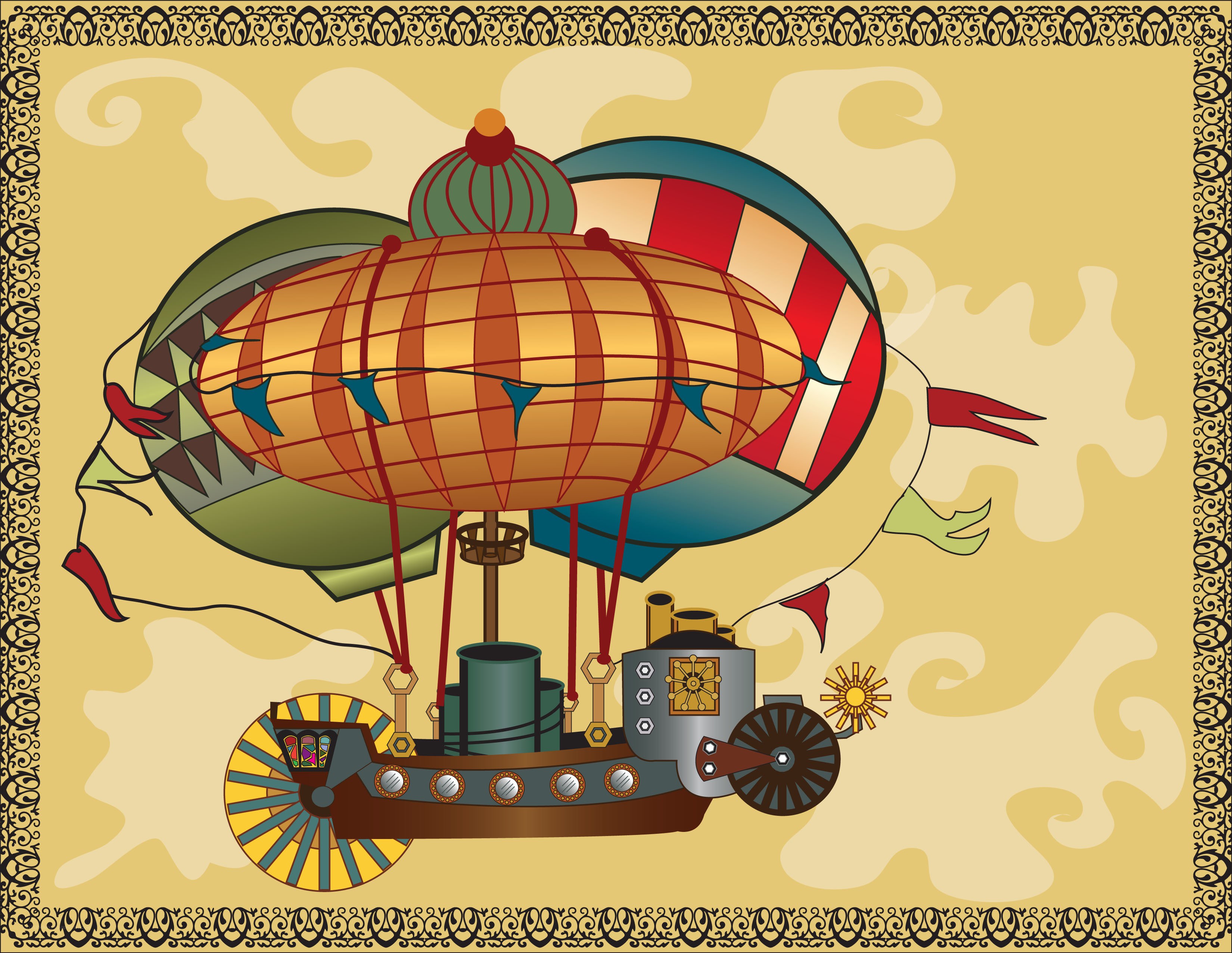 steampunk airship in flight