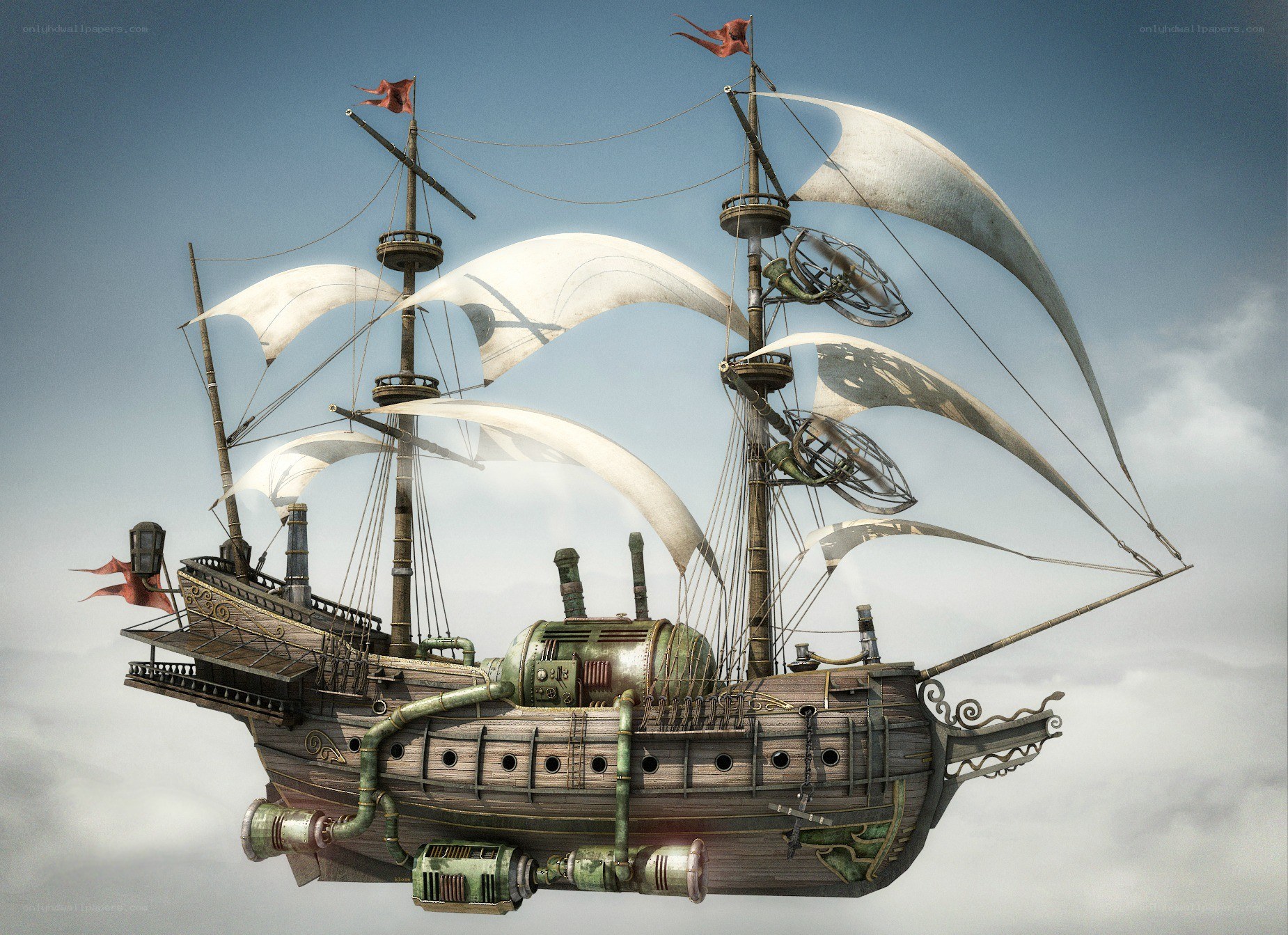 steampunk airship in flight