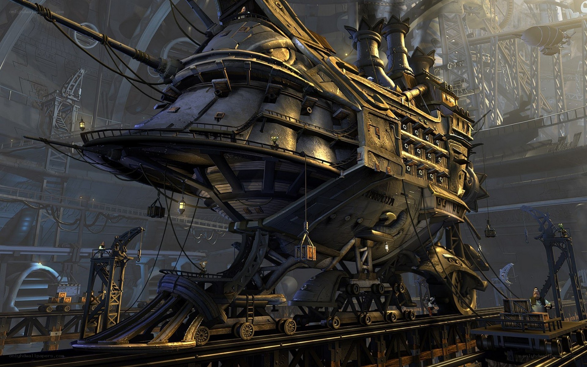 steampunk airship in hangar