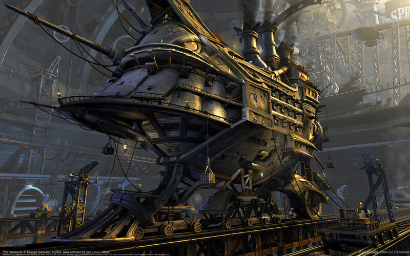 Steampunk Airship in Hangar — Gray, Dramatic, Digital Art, Cranes, Rail Tracks
