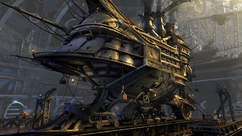 Steampunk Airship in Hangar — Gray, Dramatic