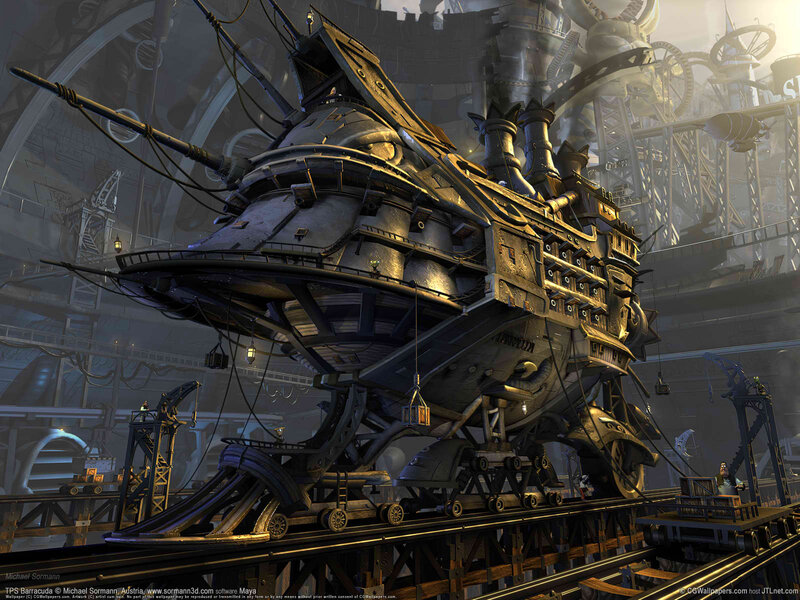 Steampunk Airship in Hangar — Gray