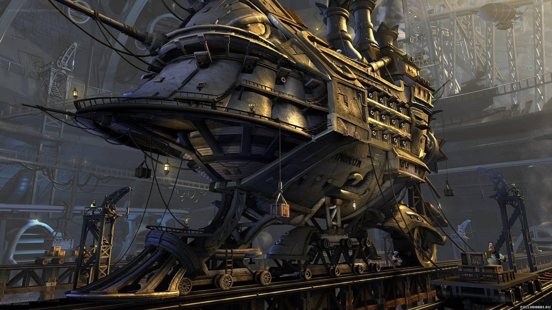 steampunk airship in hangar