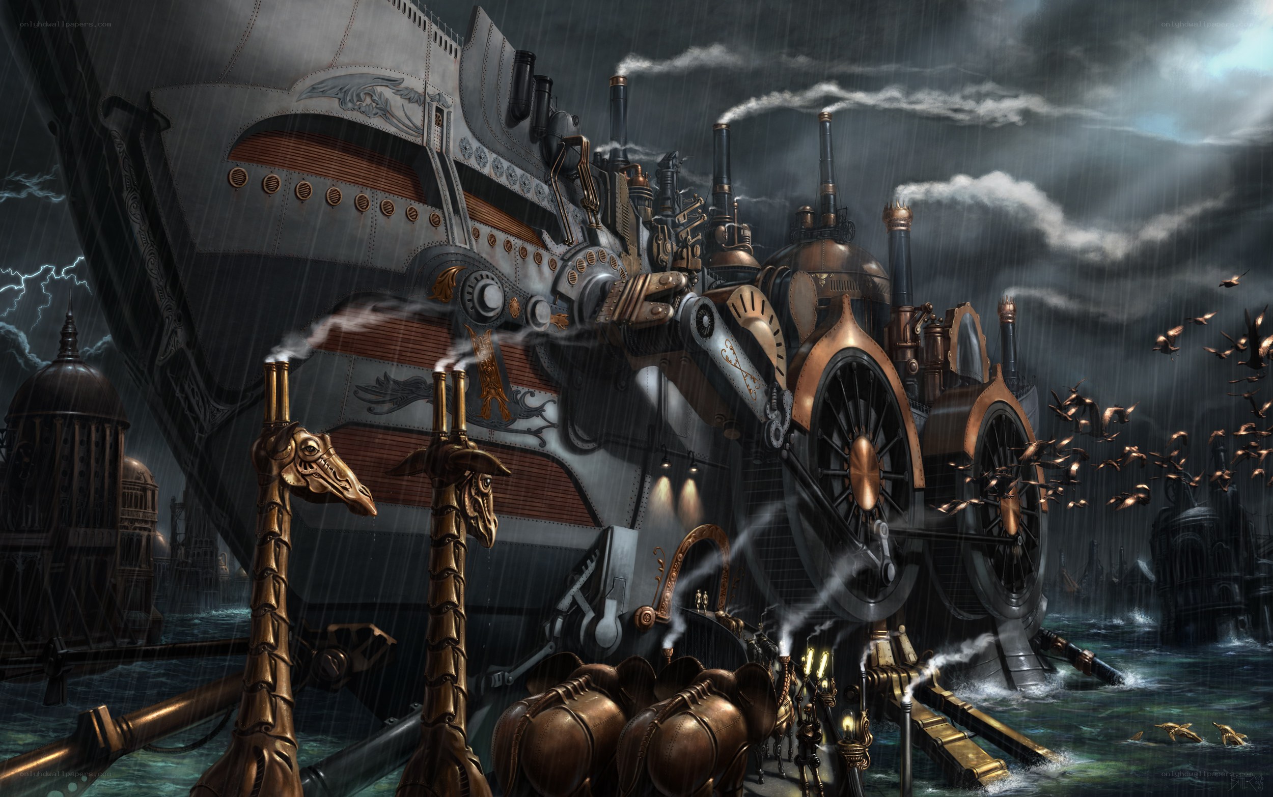 steampunk airship in storm