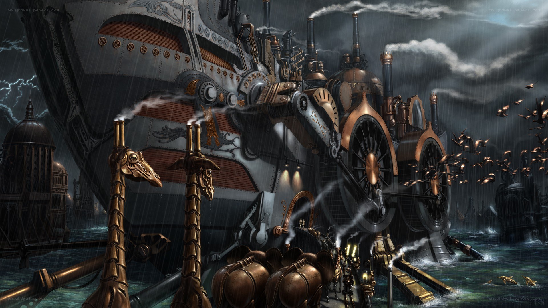 steampunk airship in storm