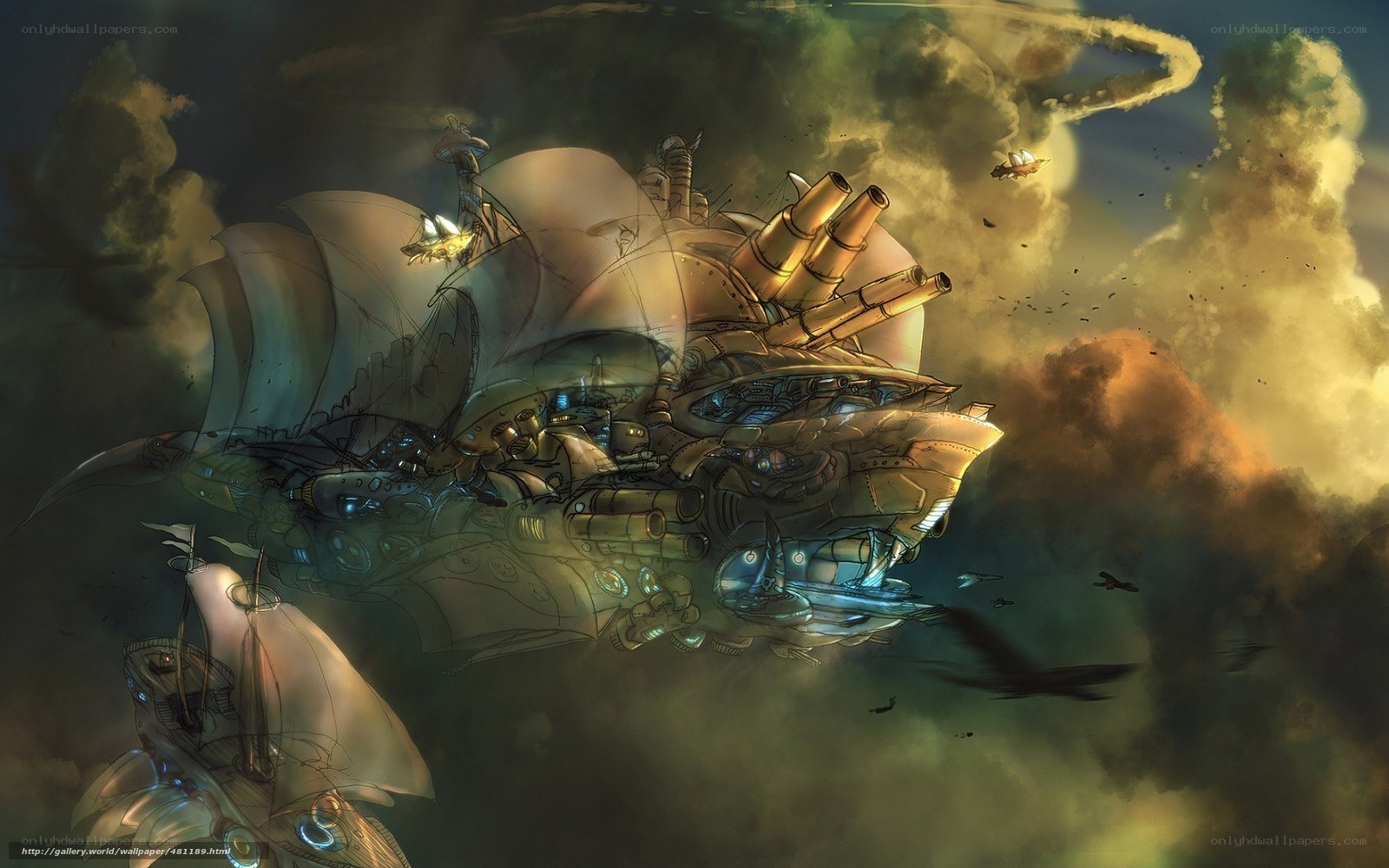 Steampunk airship in storm