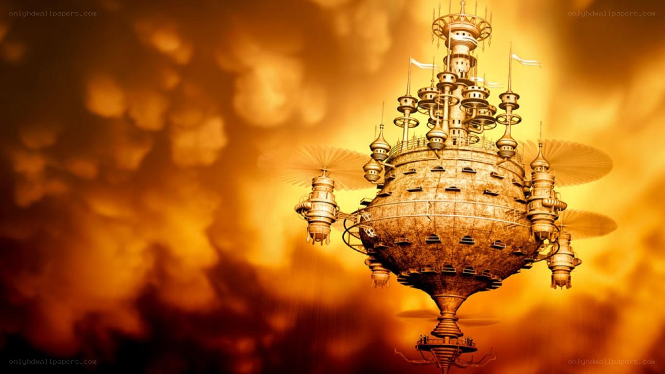 steampunk airship in sunset