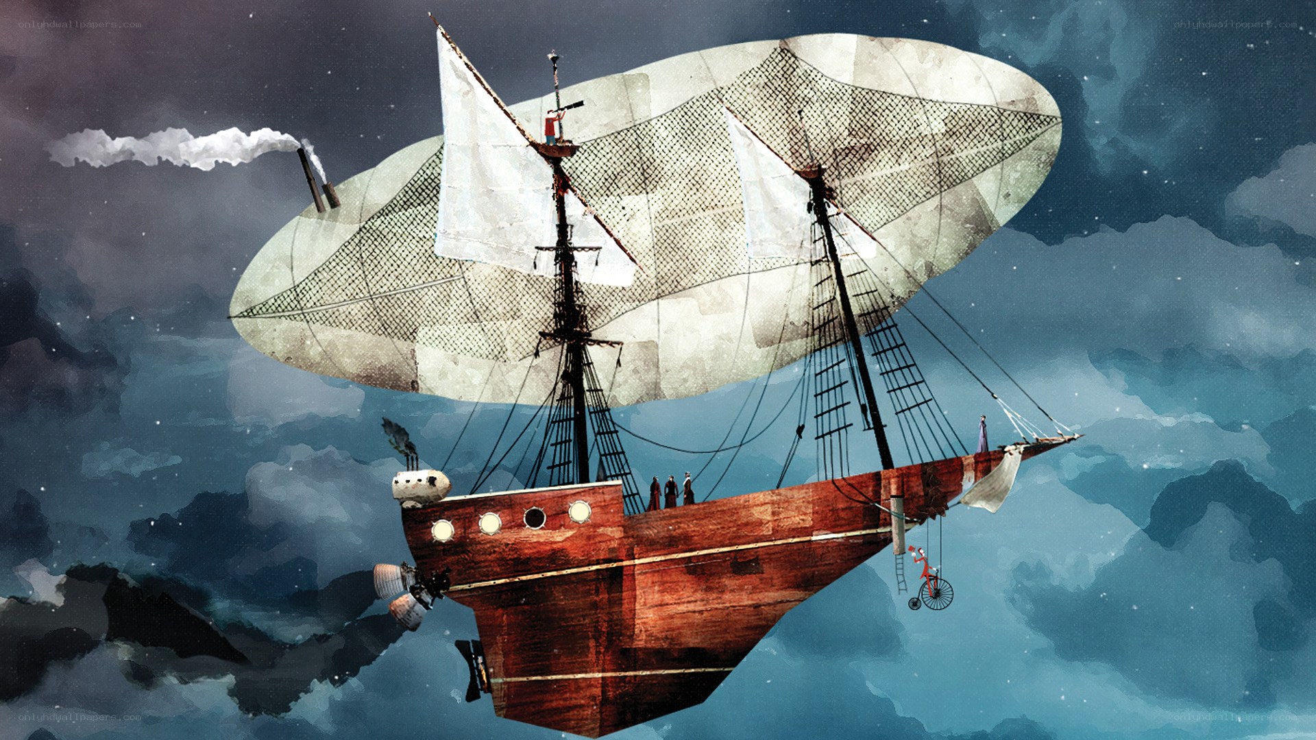 steampunk airship in the sky
