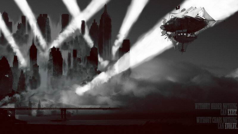 steampunk airship over city