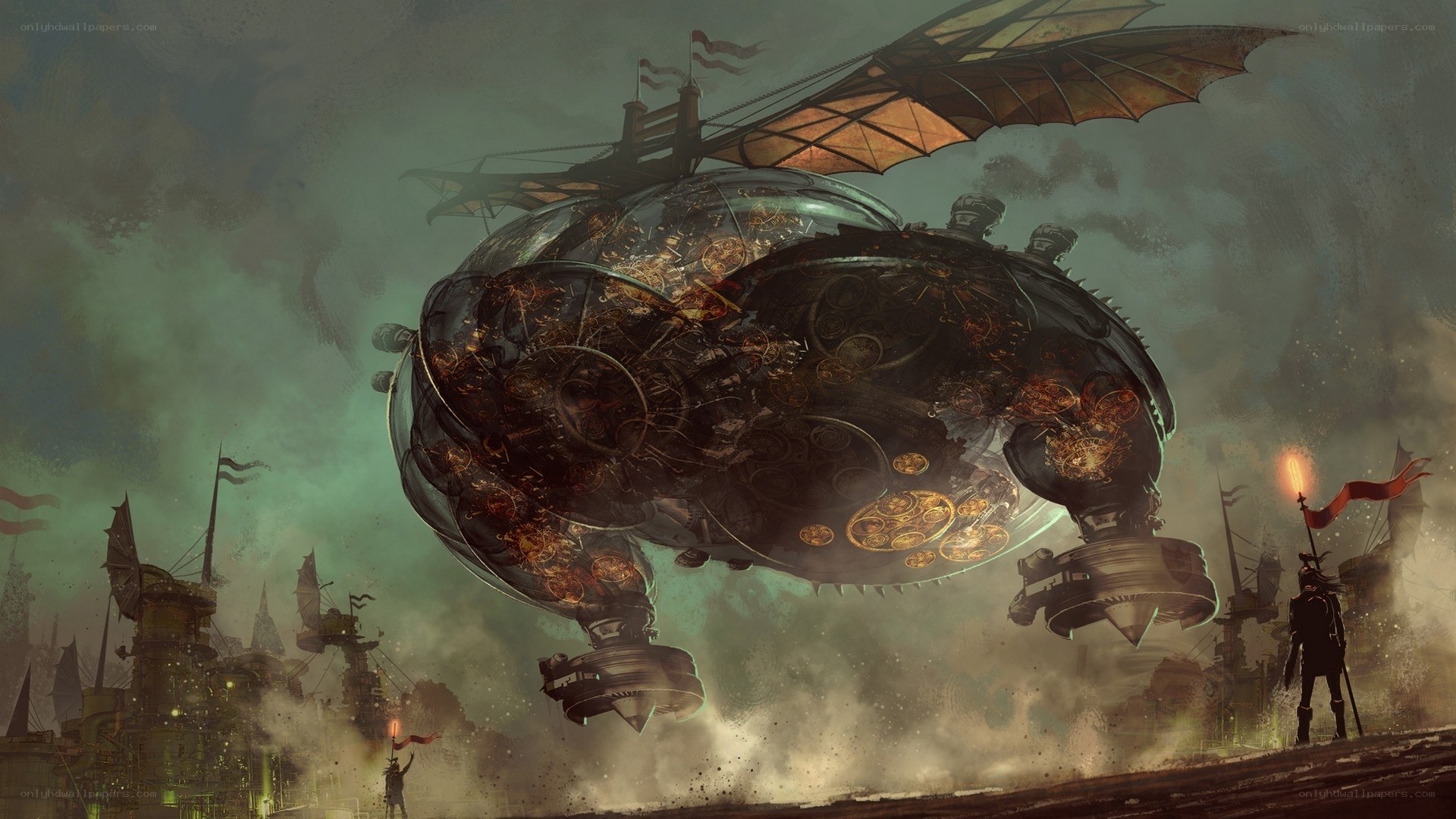 Steampunk airship over city