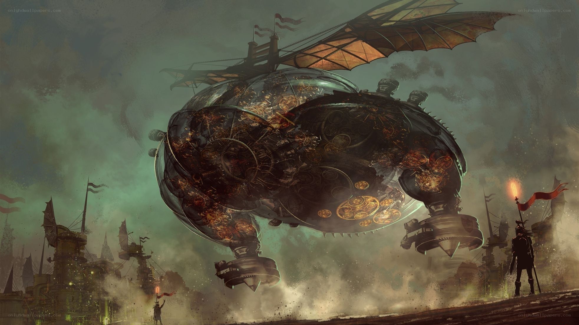 Steampunk airship over city