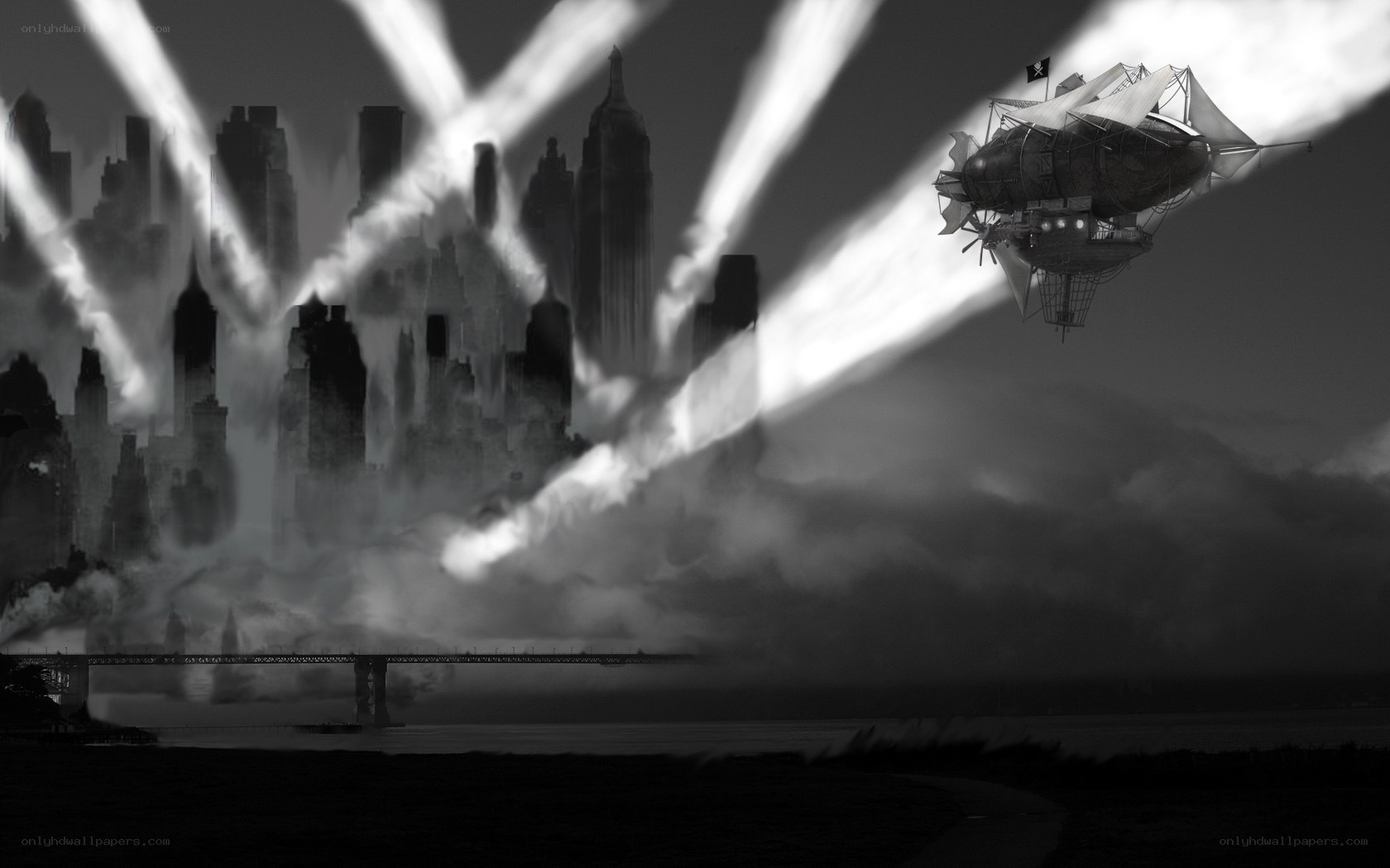 Steampunk airship over city