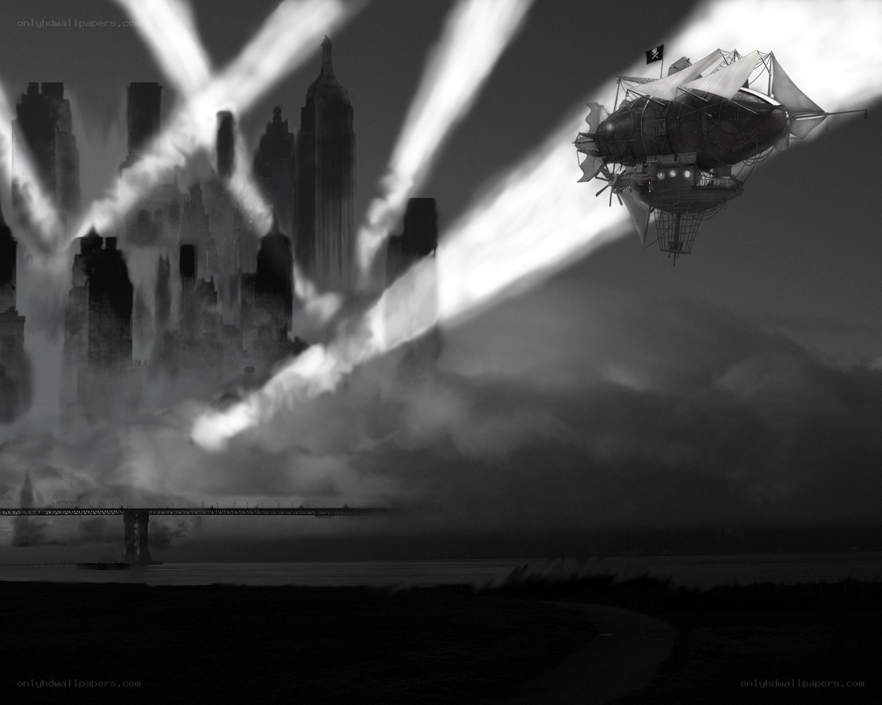 Steampunk airship over city