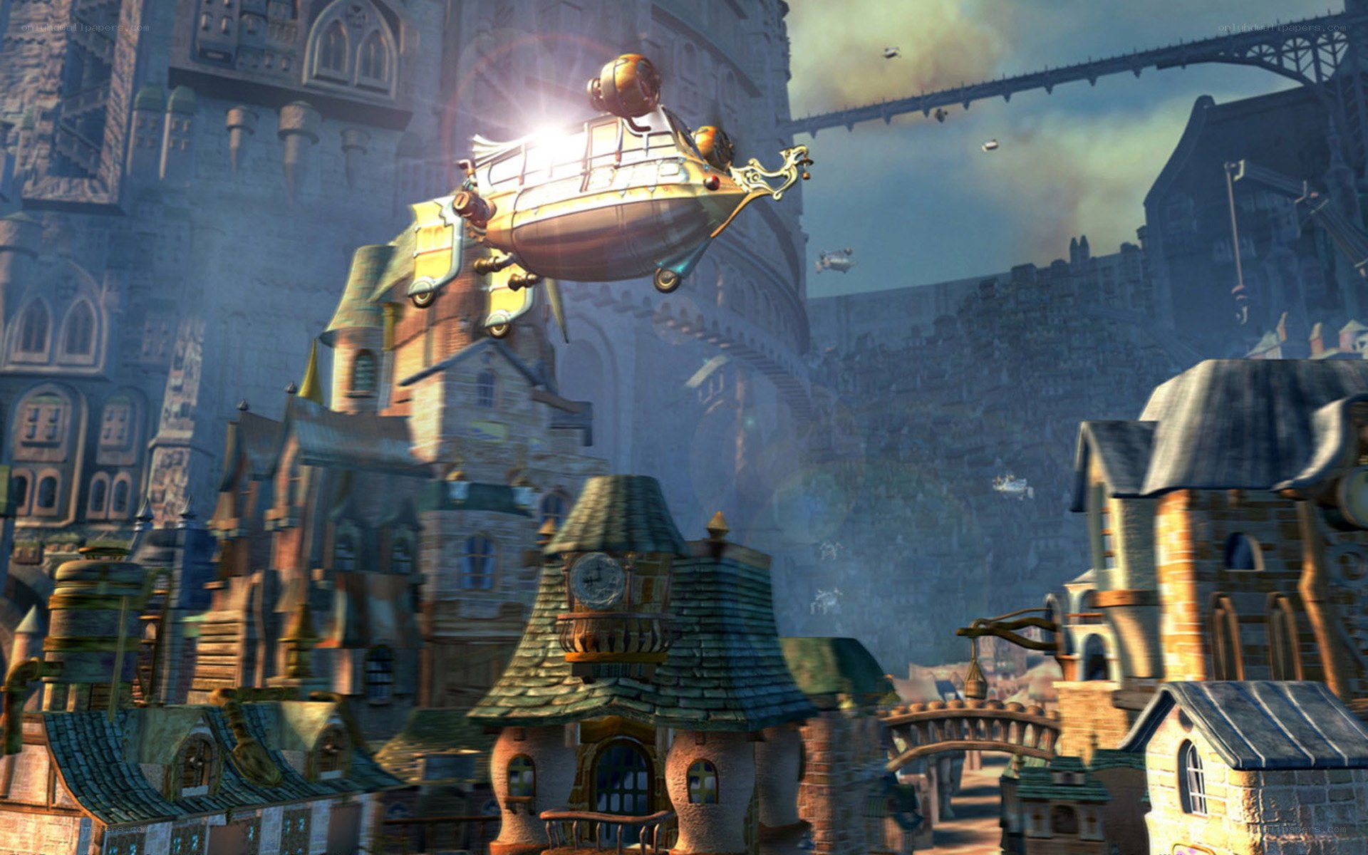 steampunk airship over city