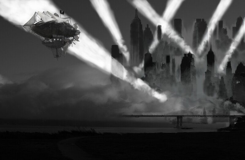 Steampunk airship over city