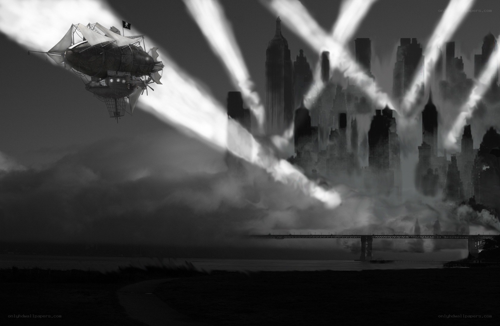 Steampunk airship over city