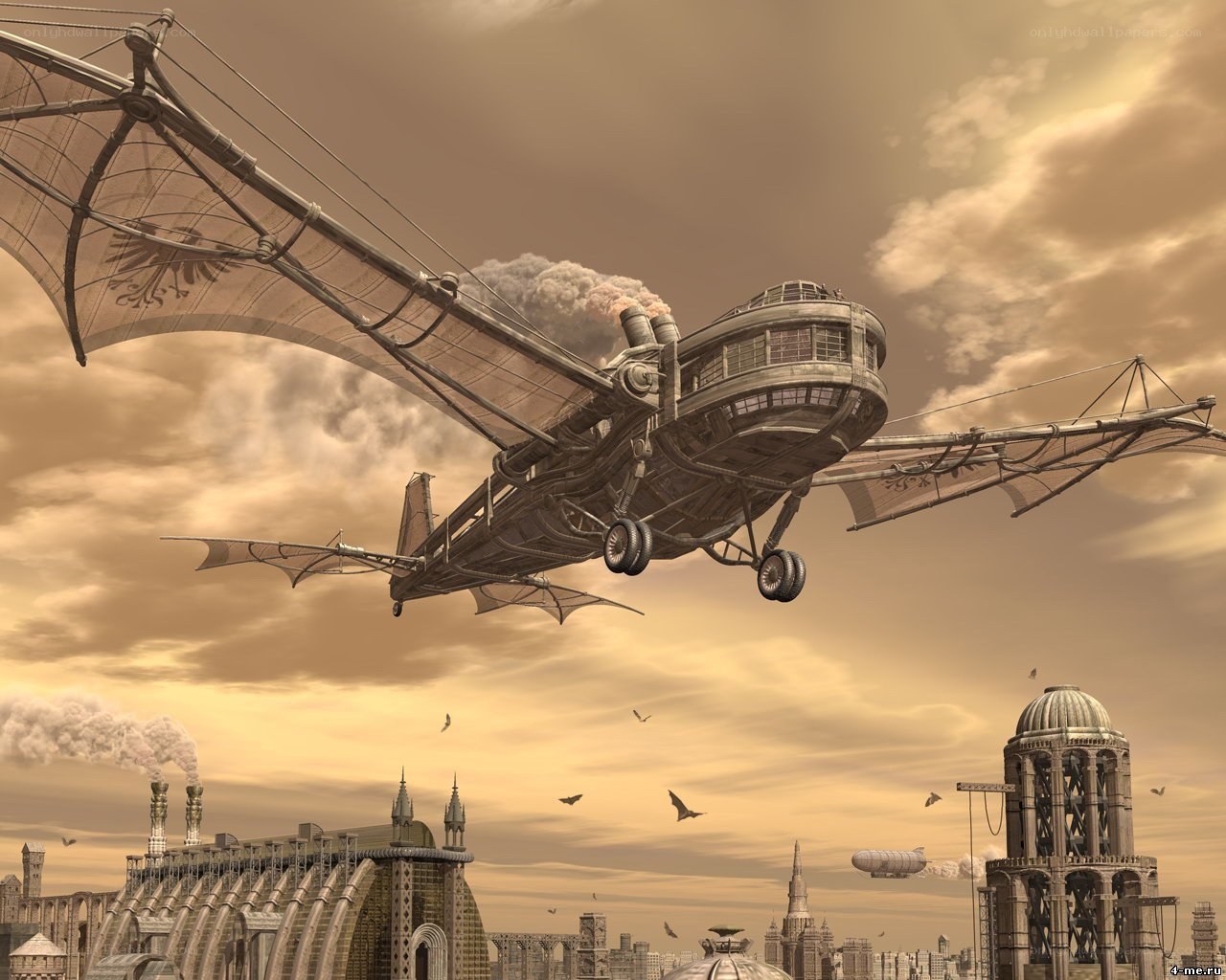 Steampunk airship over city
