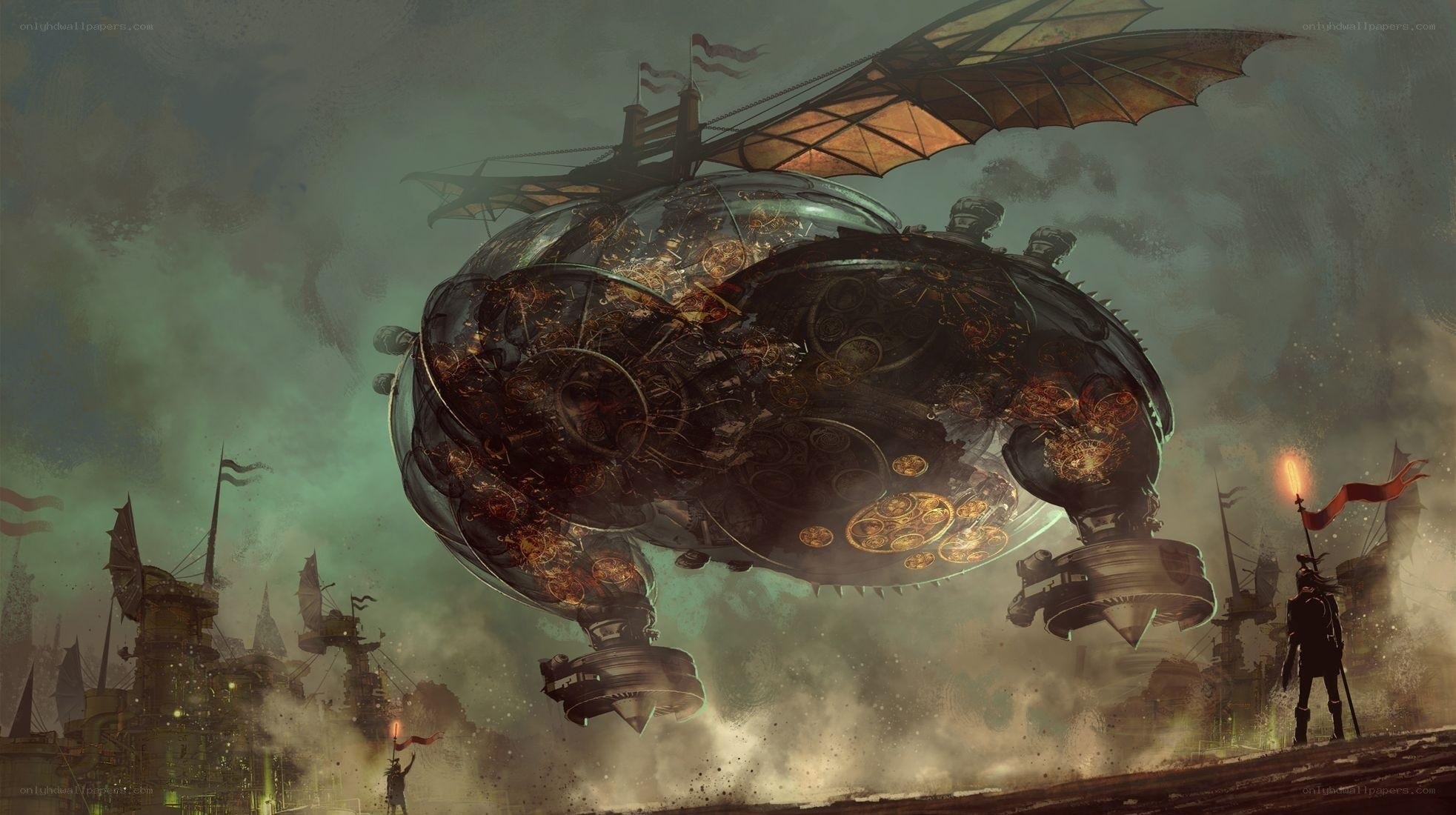 Steampunk airship over city