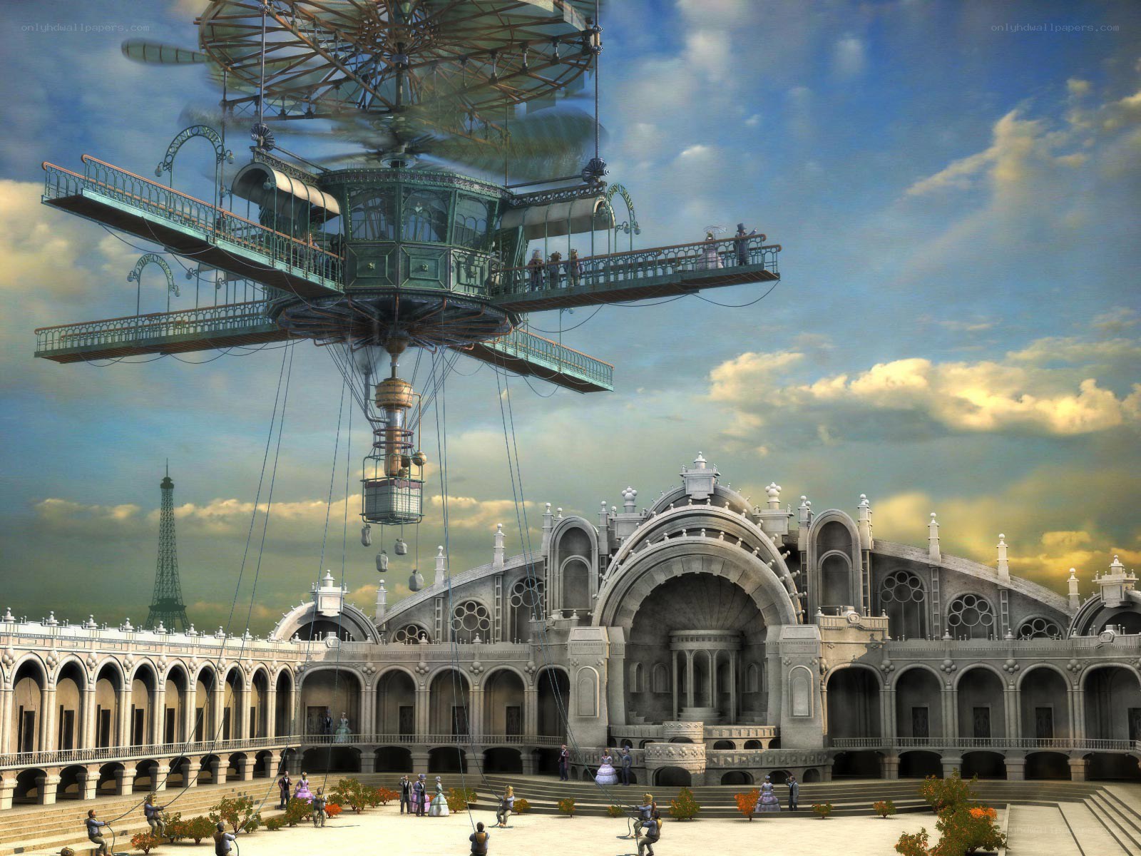Steampunk airship over grand hall