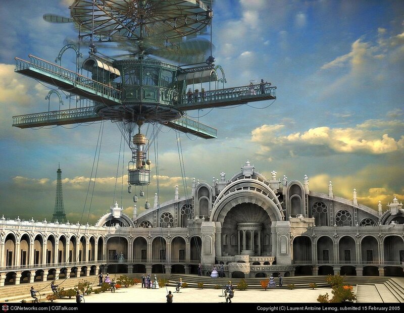 Steampunk airship over grand hall