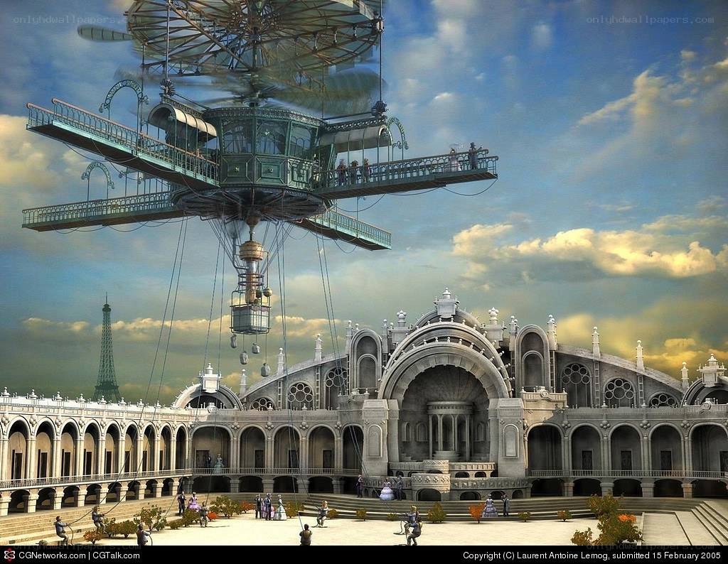 Steampunk airship over grand hall