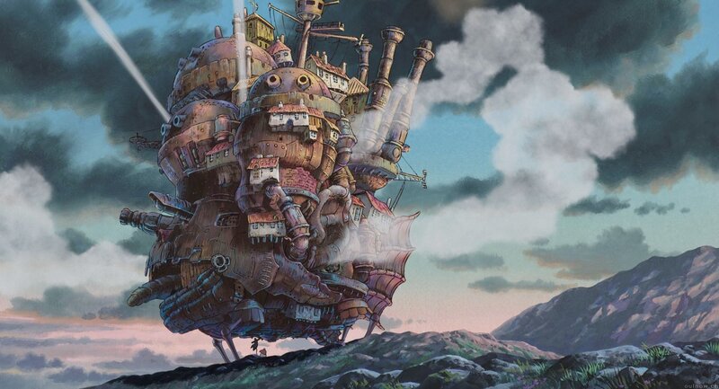 Steampunk airship over mountains