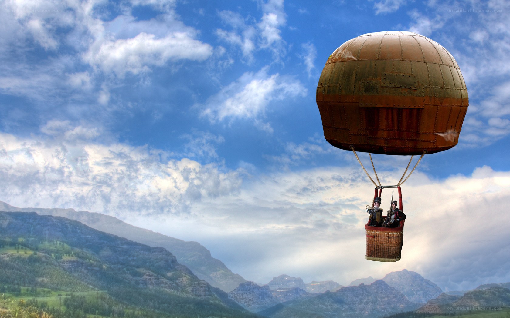 Steampunk airship over mountains