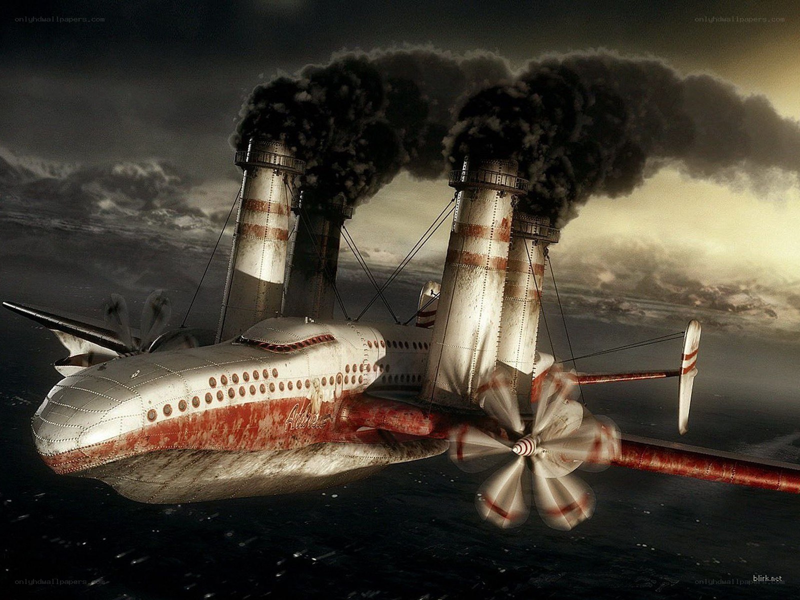 Steampunk airship over ocean