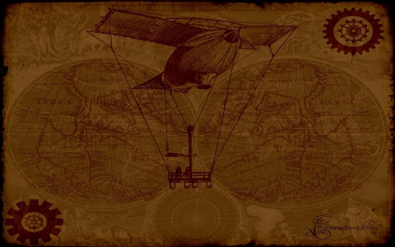 steampunk airship over old map