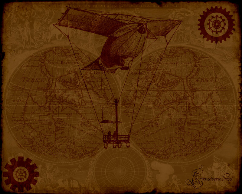 steampunk airship over old map