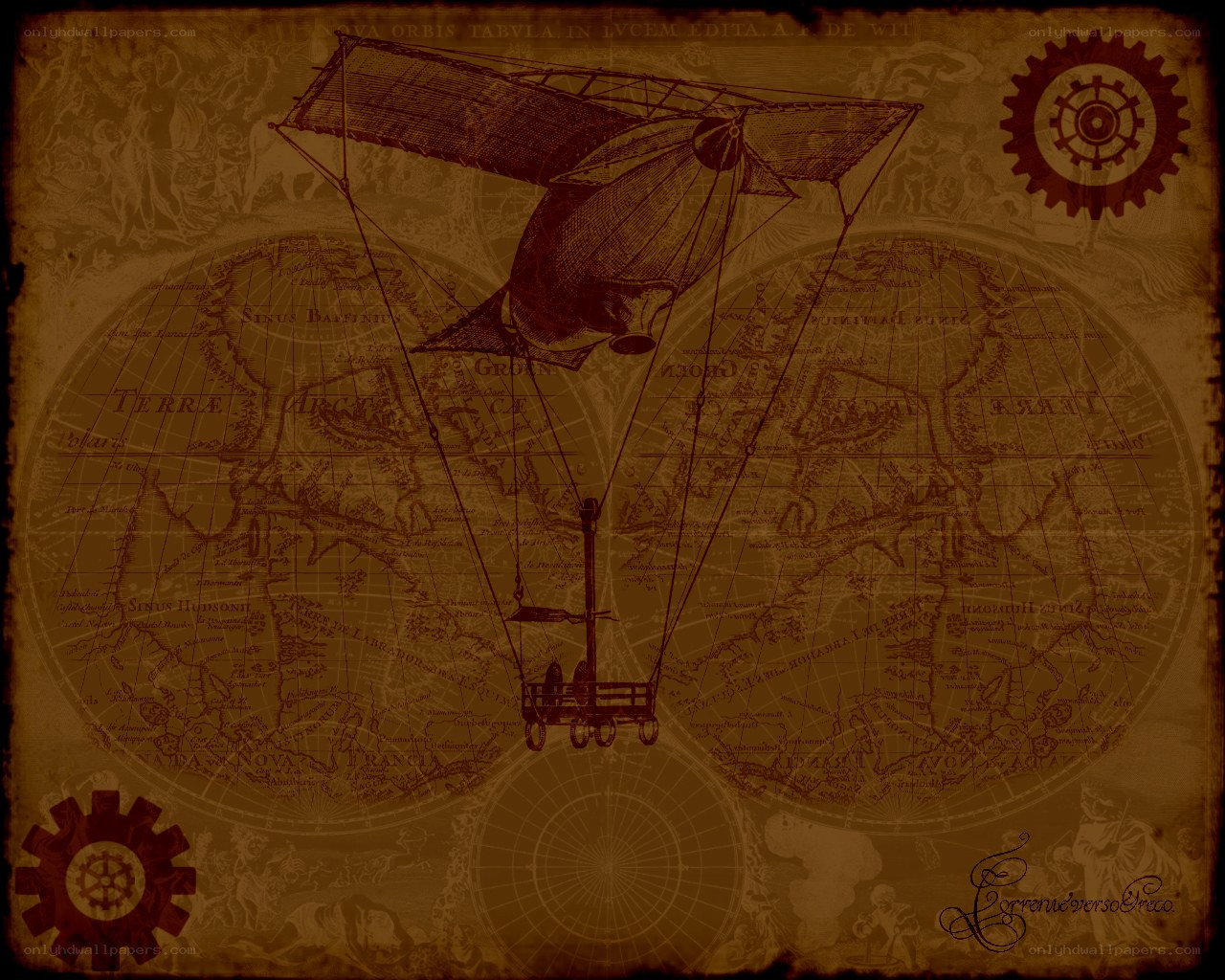 steampunk airship over old map