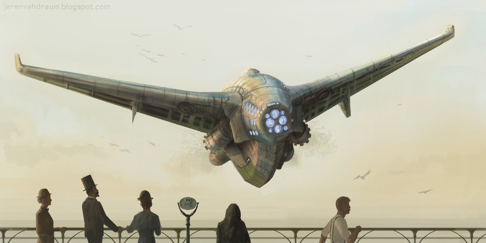 Steampunk airship over promenade
