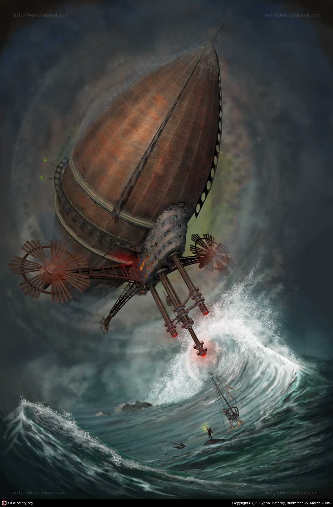 Steampunk airship over stormy sea