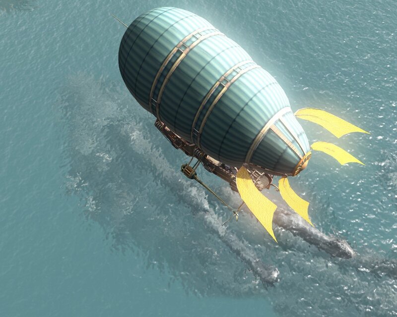 steampunk airship over water