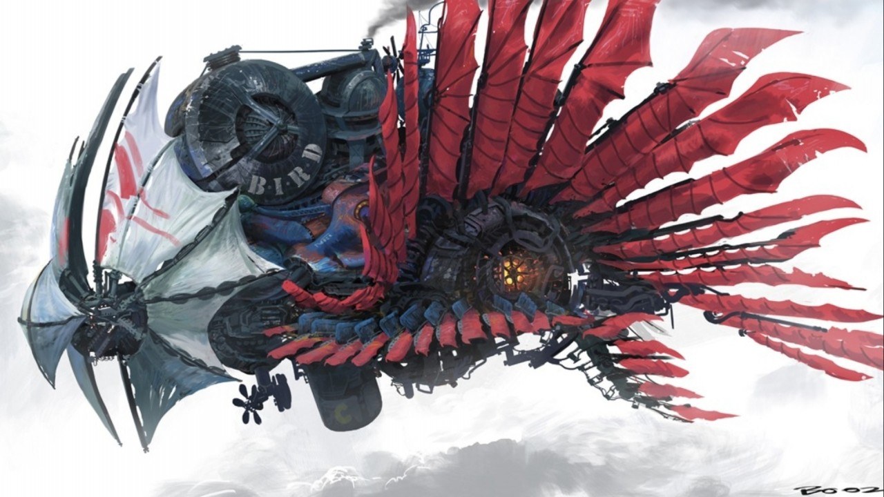 steampunk airship with mechanical wings