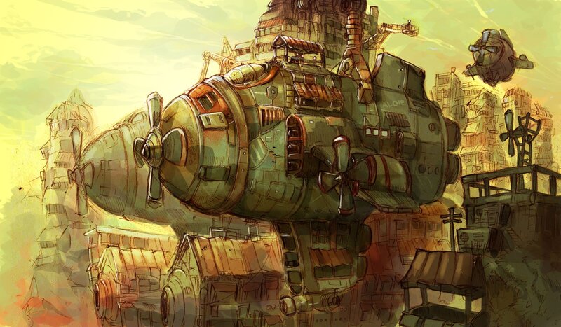 Steampunk Airship — Yellow, Dramatic, Sunset