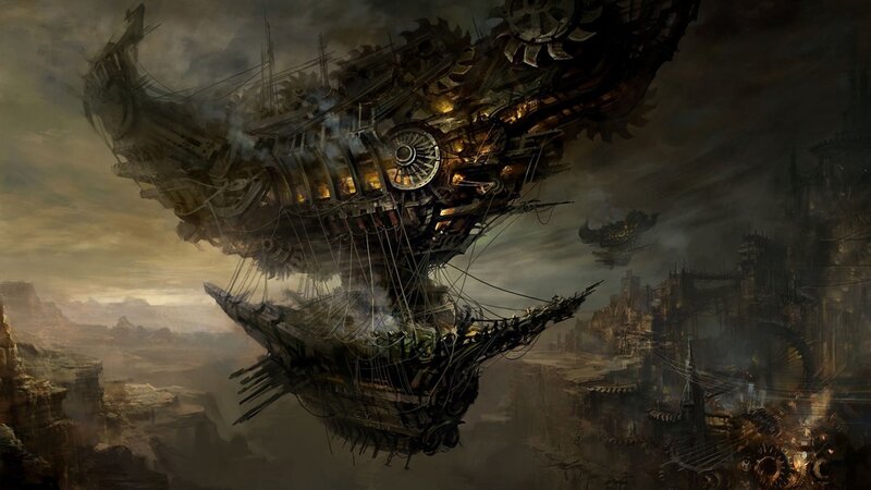 steampunk airships in a dystopian sky