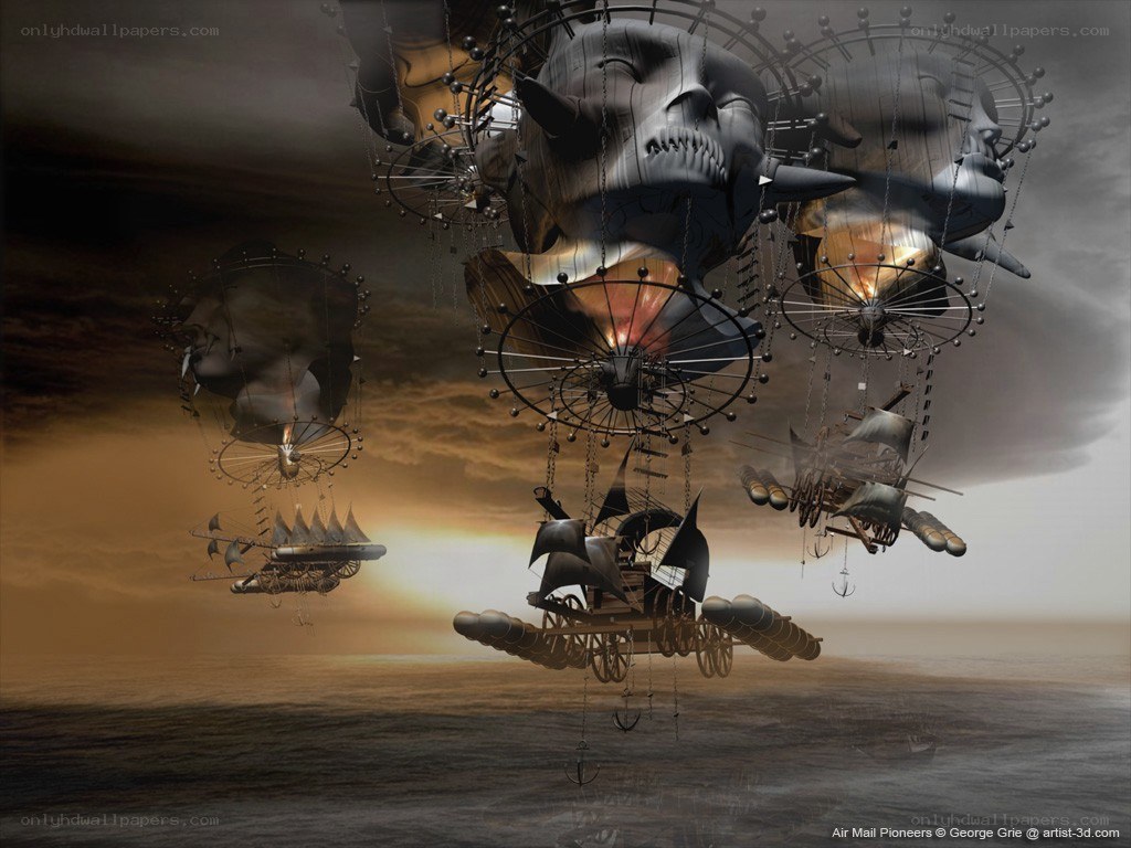 Steampunk airships in stormy sky
