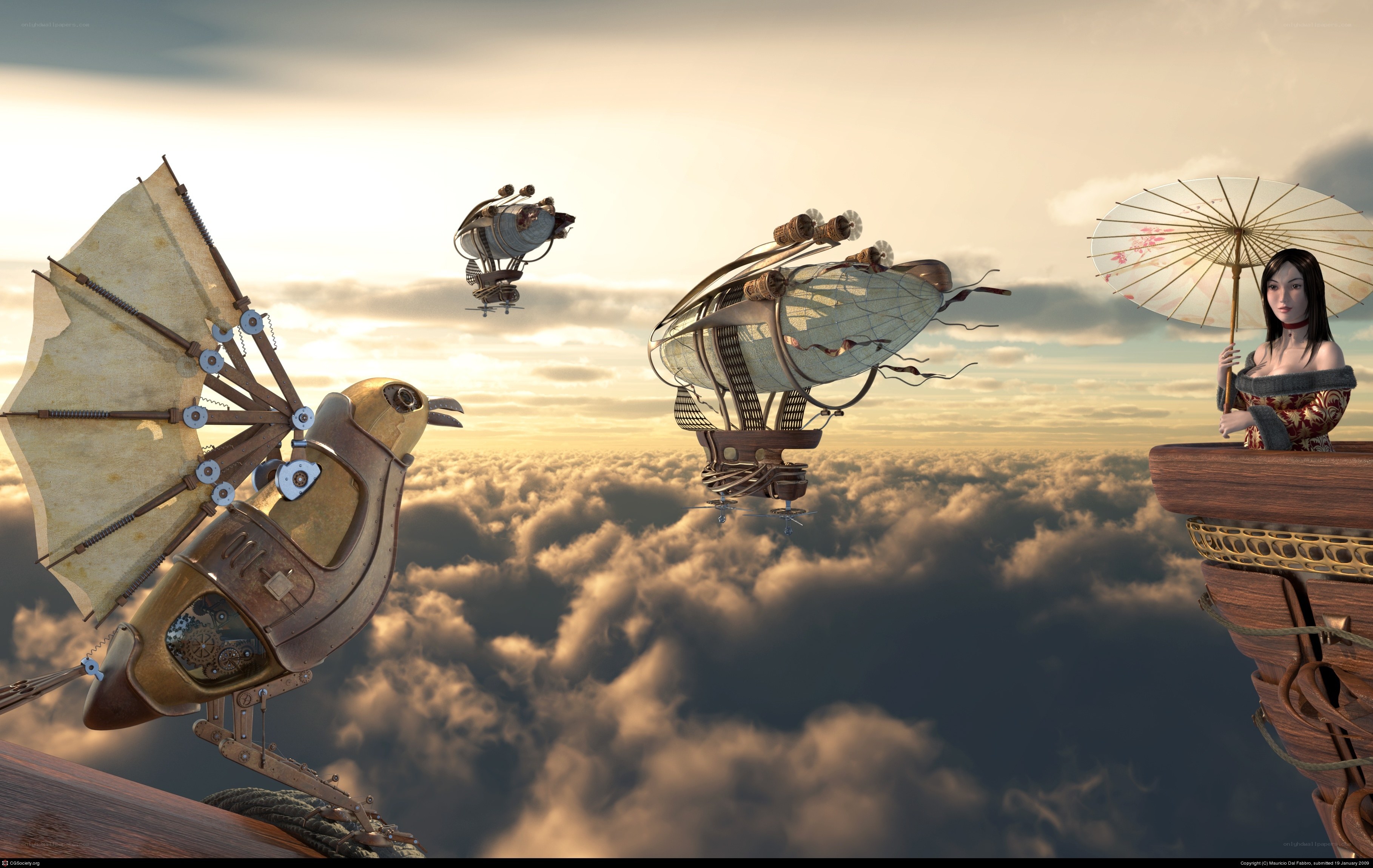 Steampunk airships in the clouds