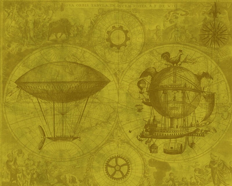 steampunk airships on vintage map