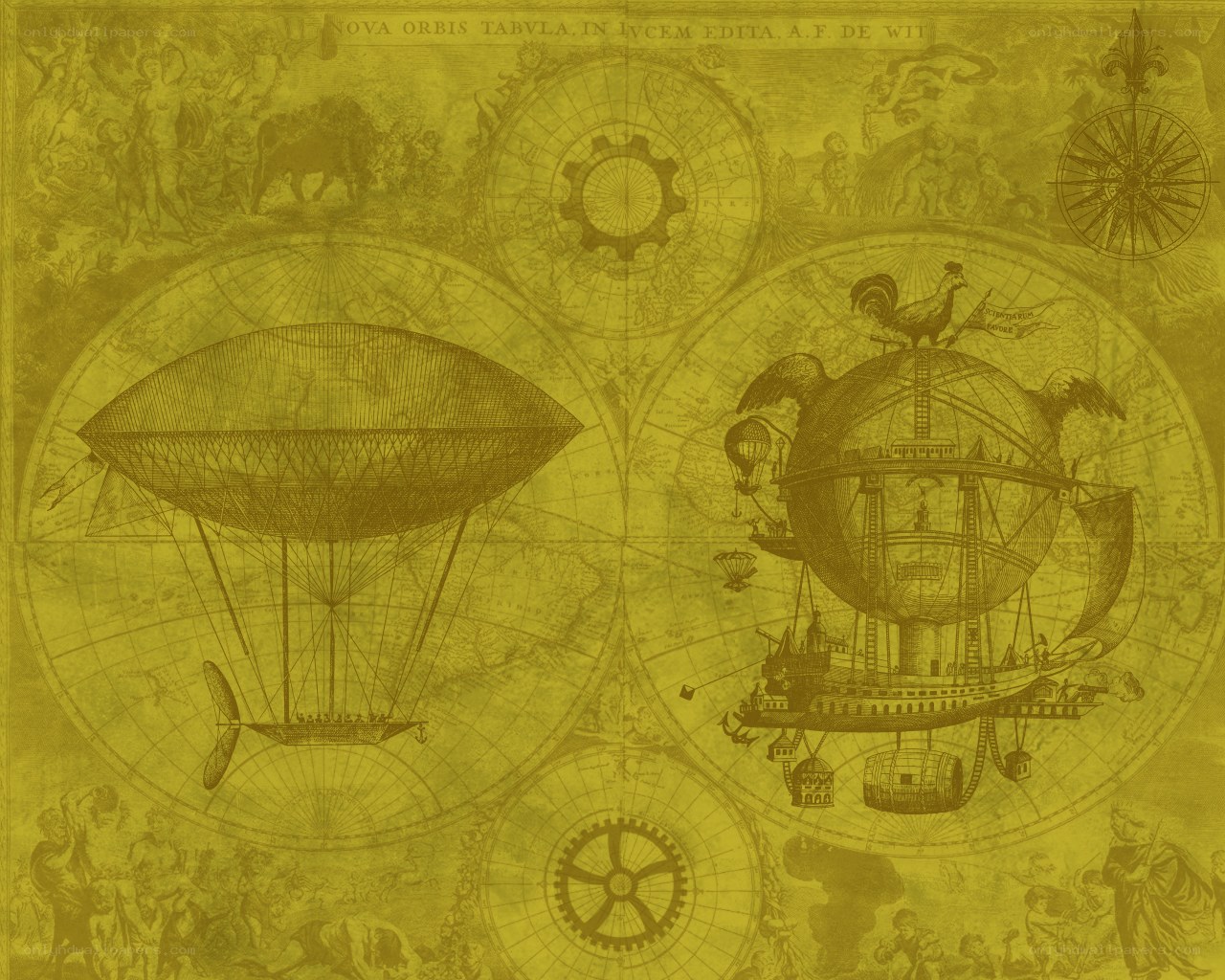 steampunk airships on vintage map
