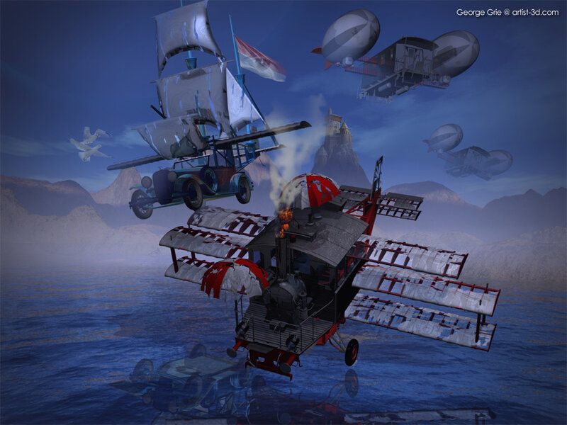 Steampunk airships over sea