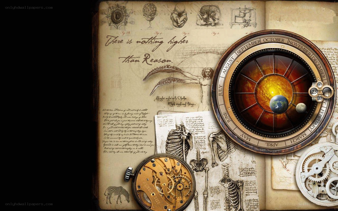 steampunk almanac with celestial clock
