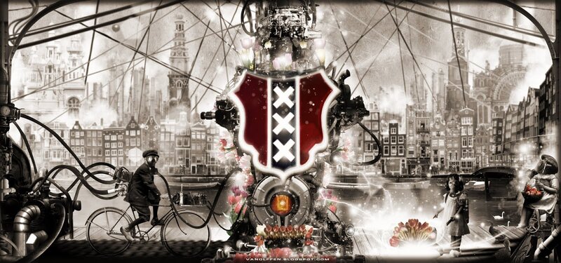 steampunk Amsterdam cityscape