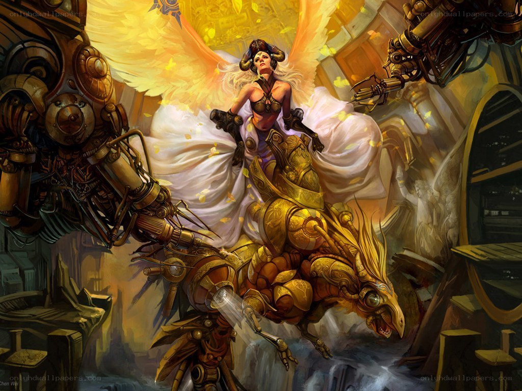 Steampunk Angel on Mechanical Dragon